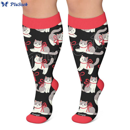 Plusock Plus Size Strawberry Cat Print Compression Socks - image 4