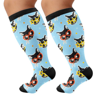 Plusock Plus Size Strawberry Cat Print Compression Socks - Blue(1 Pair) - 4XL - image 5