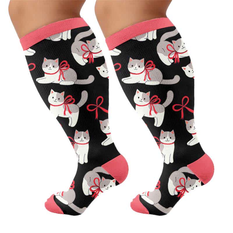 Plusock Plus Size Strawberry Cat Print Compression Socks - Black(1 Pair) - 4XL - image 7
