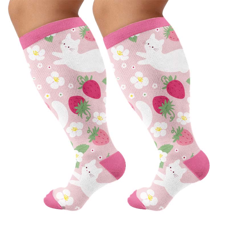 Plusock Plus Size Strawberry Cat Print Compression Socks - Pink(1 Pair) - 4XL - image 6