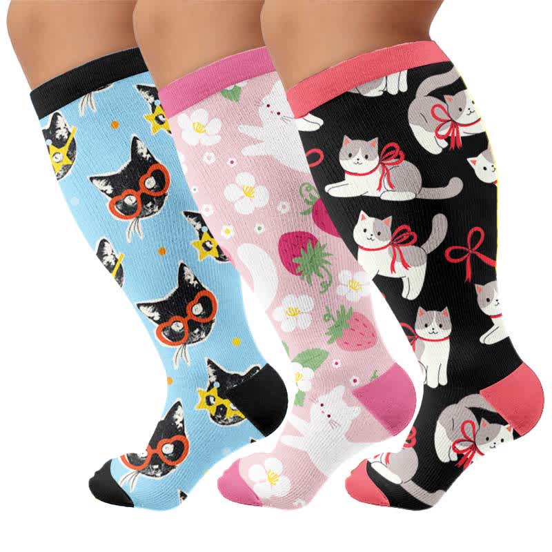 Plusock Plus Size Strawberry Cat Print Compression Socks - Multicolor(3 Pairs) - 4XL - image 1