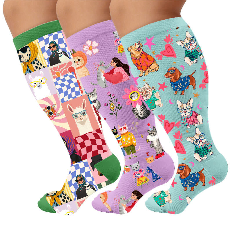 Plusock Plus Size Cartoon Animal Avatars Compression Socks - Multicolor(3 Pairs) - 4XL - image 1