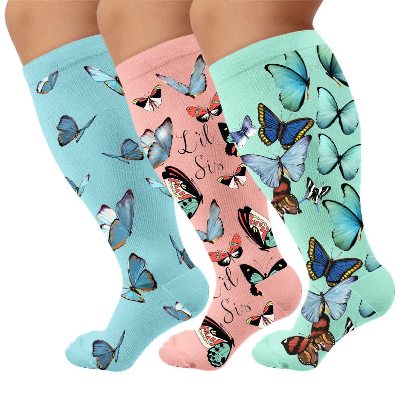 Plusock Plus Size Sweet Butterfly Compression Socks - Multicolor(3 Pairs) - 4XL - image 1