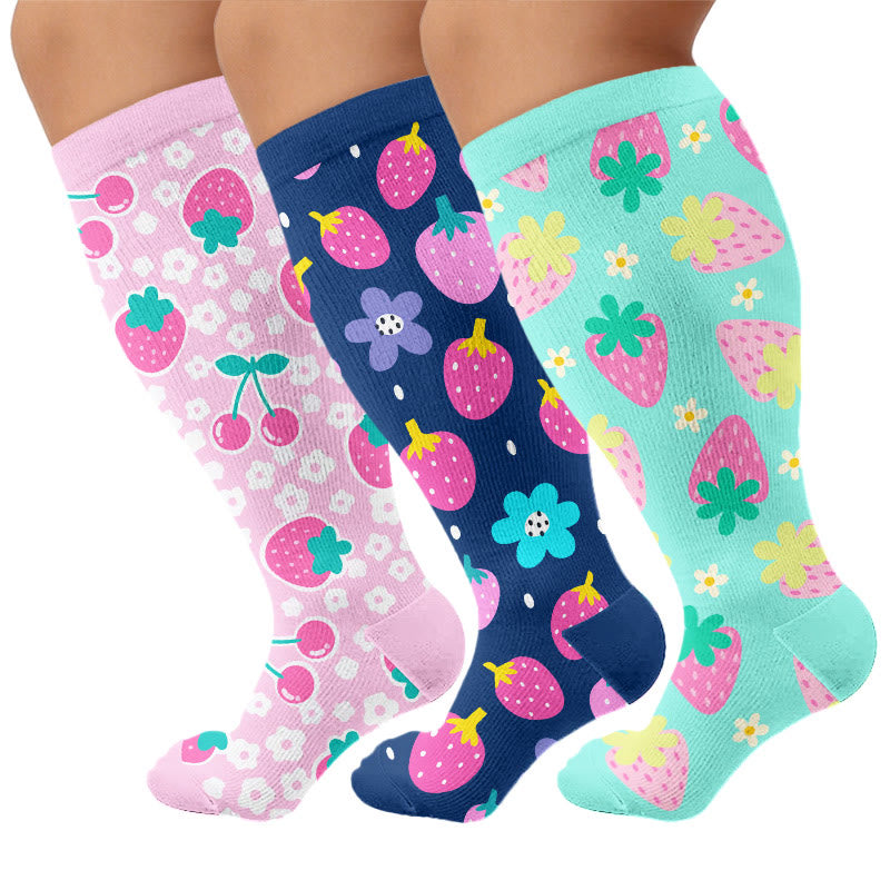 Plusock Plus Size Strawberry Cherry Compression Socks - Multicolor(3 Pairs) - 4XL - image 1