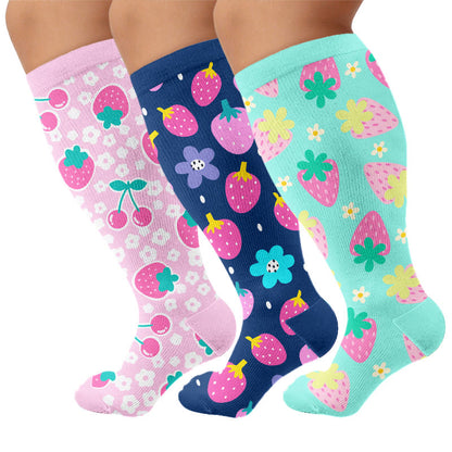 Plusock Plus Size Strawberry Cherry Compression Socks - Multicolor(3 Pairs) - 4XL - image 1