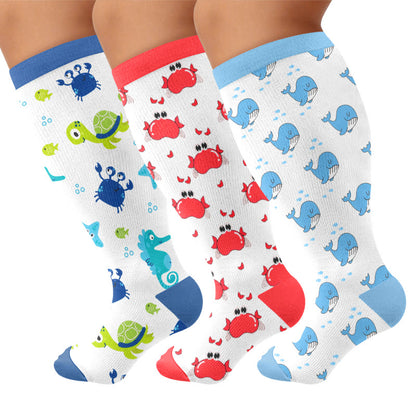 Plusock Plus Size Crab Sea Turtles Whales Compression Socks - Multicolor(3 Pairs) - 4XL - image 1