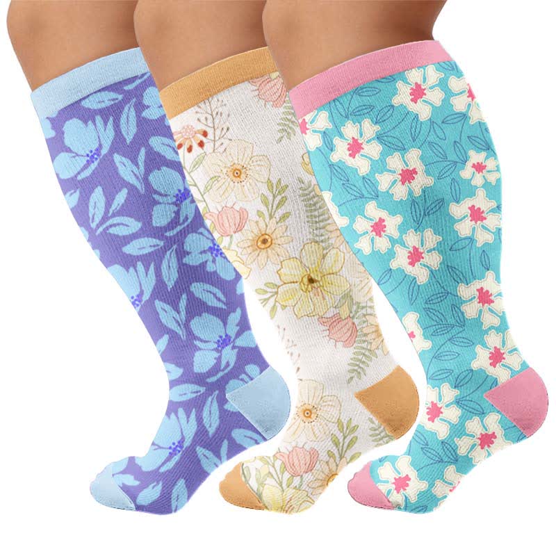 Plusock Plus Size Floral Knit Compression Socks - Multicolor(3Pairs) - 4XL - image 1