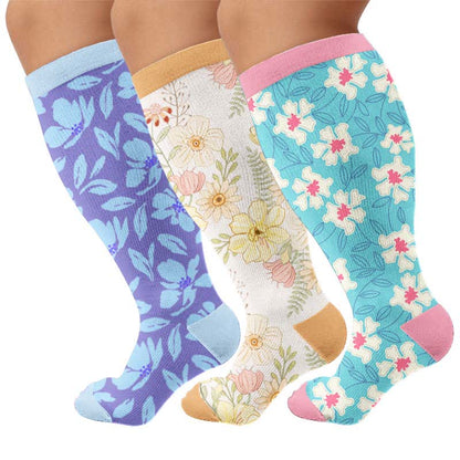 Plusock Plus Size Floral Knit Compression Socks - Multicolor(3Pairs) - 4XL - image 1