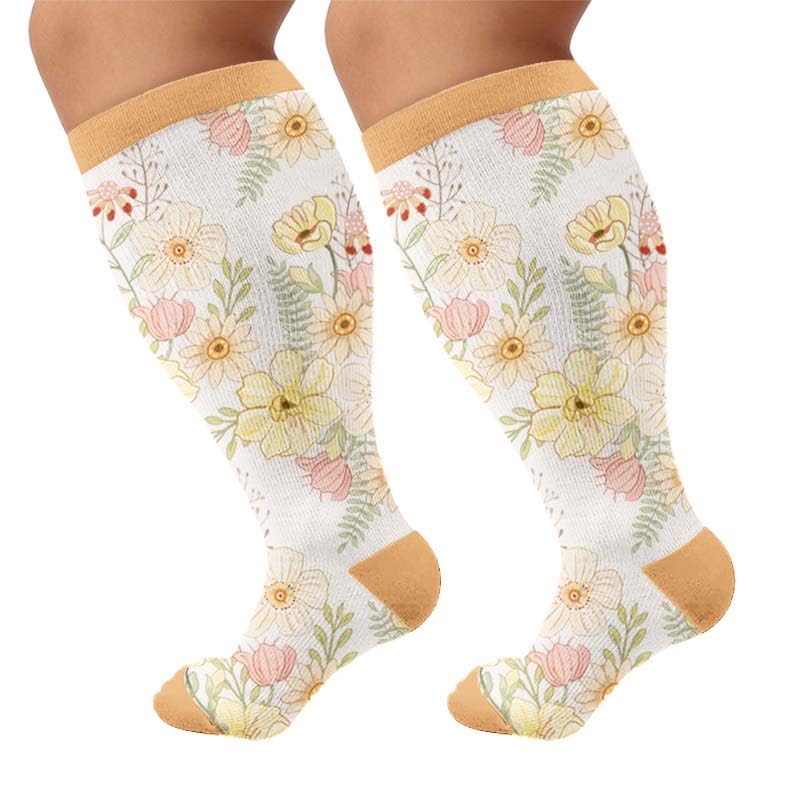 Plusock Plus Size Floral Knit Compression Socks - Yellow(1 Pair) - 4XL - image 6