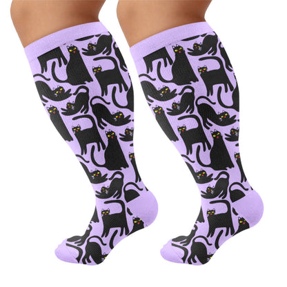 Plusock Plus Size Cute Cat Print Compression Socks - Purple(1 Pair) - 4XL - image 6