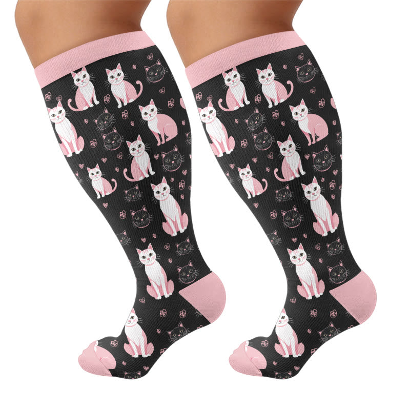 Plusock Plus Size Cute Cat Print Compression Socks - Pink(1 Pair) - 4XL - image 5