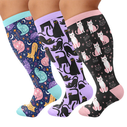 Plusock Plus Size Cute Cat Print Compression Socks - Multicolor(3 Pairs) - 4XL - image 1