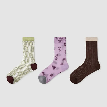 Plusock Vintage Jacquard Sheer Quarter Socks (3 Pairs) - Multicolor - EU35-39(US2-6) - image 1