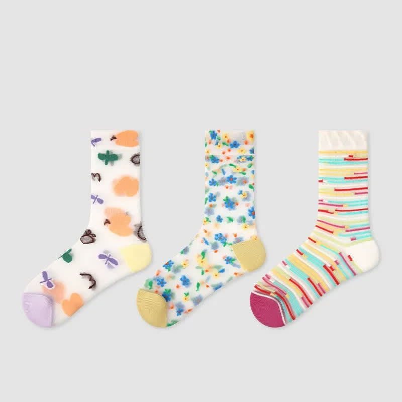 Plusock Playful Pattern Casual Sheer Quarter Socks(3 Pairs) - Multicolor - EU35-39(US2-6) - image 1