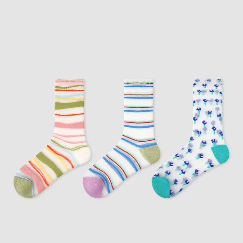 Plusock Colorblock Combed Striped Sheer Quarter Socks(3 Pairs) - Multicolor - EU35-39(US2-6) - image 1