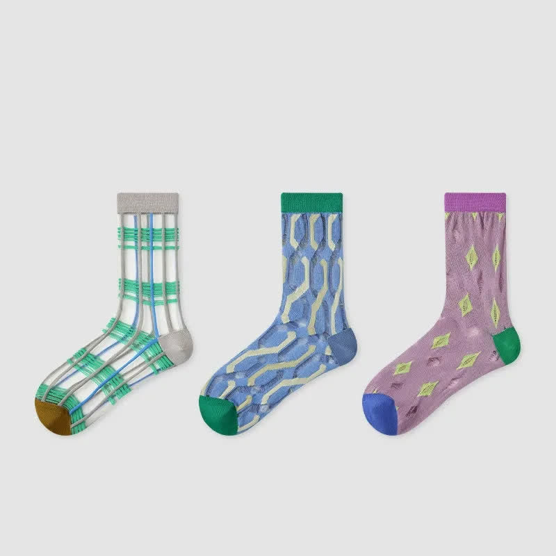Plusock Diamond Colorblock Sheer Quarter Socks (3 Pairs) - Multicolor - EU35-39(US2-6) - image 1