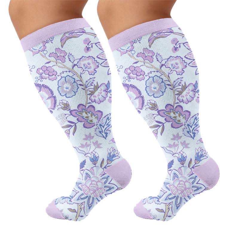 Plusock Plus Size Colorful Floral Compression Socks - Purple(1 Pair) - 4XL - image 5