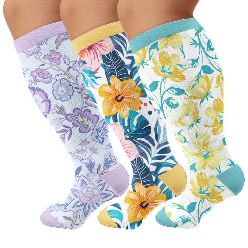 Plusock Plus Size Colorful Floral Compression Socks - Multicolor(3 Pairs) - 4XL - image 1