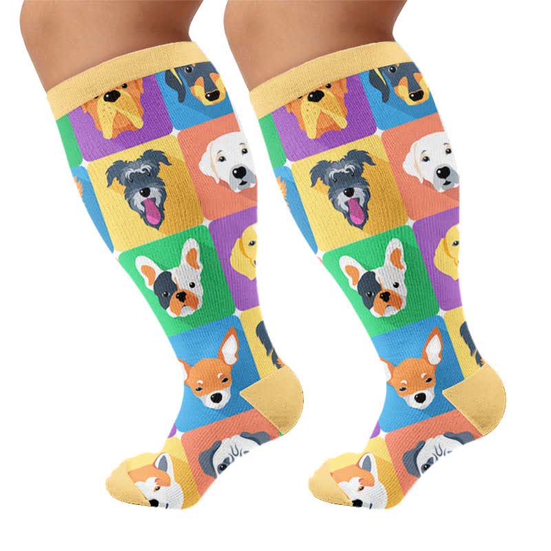 Plusock Plus Size Cute Dog Print Compression Socks - Yellow(1 Pair) - 4XL - image 6