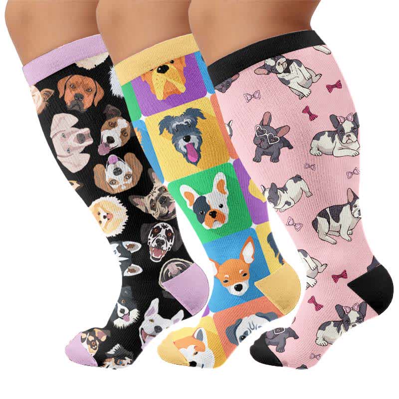 Plusock Plus Size Cute Dog Print Compression Socks - Multicolor(3 Pairs) - 4XL - image 1