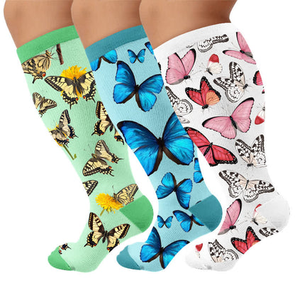 Plusock Plus Size Spring Butterfly Compression Socks - Multicolor(3 Pairs) - 4XL - image 1