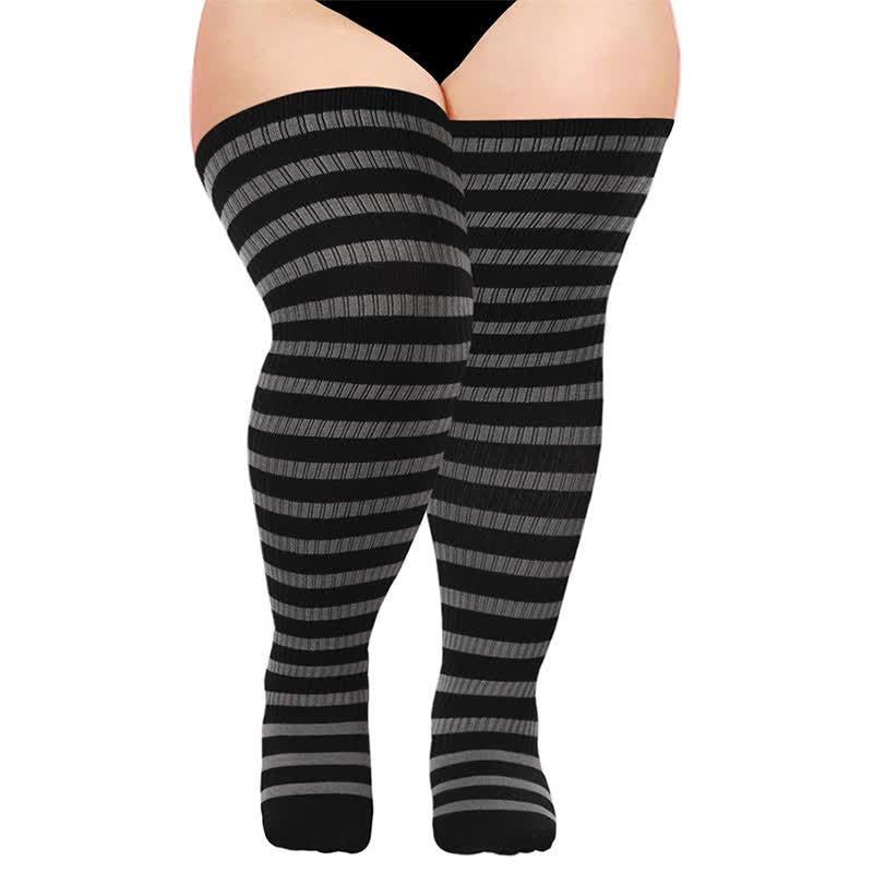 Plusock Striped Daily Wear Thigh High Compression Socks - Grey - One Size - With Elastic Buckle - image 7