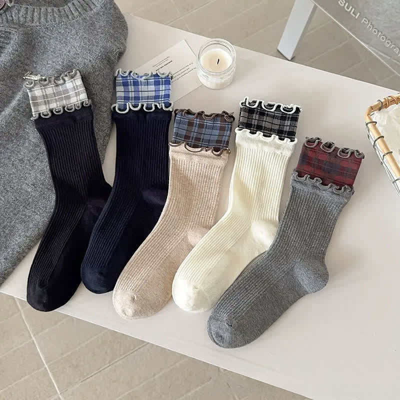 Plusock Ruffle Ribbed Cotton Quarter Socks(5 Pairs) - image 1