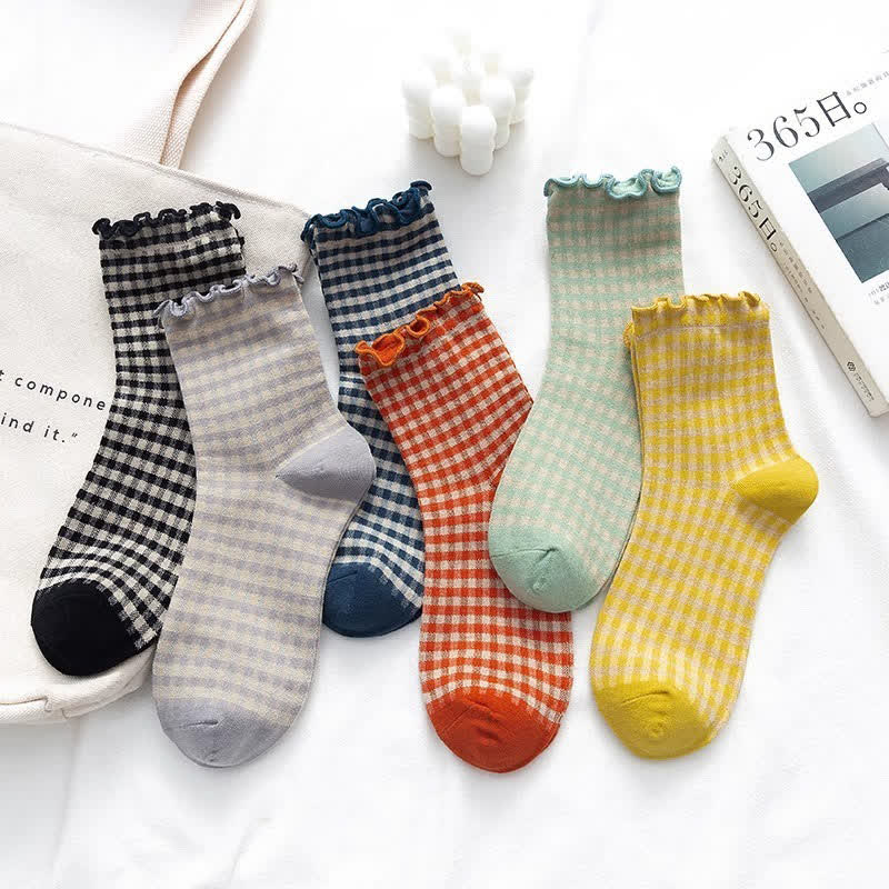 Plusock Ruffle Plaid Quarter Socks(6 Pairs) - Multicolor - EU35-42(US2-8.5) - image 4