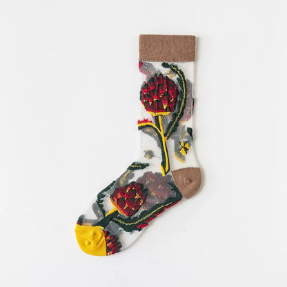 Plusock Vintage Flowers Bird Sheer Quarter Socks(4 Pairs) - Brown - EU35-41(US2-7.5) - image 8