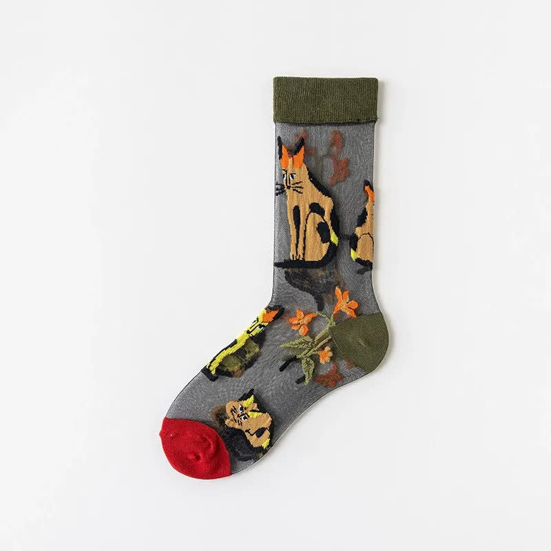 Plusock Vintage Flowers Bird Sheer Quarter Socks(4 Pairs) - Red - EU35-41(US2-7.5) - image 14