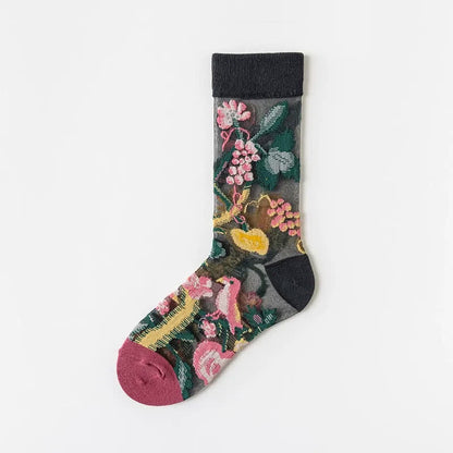 Plusock Vintage Flowers Bird Sheer Quarter Socks(4 Pairs) - Rose - EU35-41(US2-7.5) - image 11