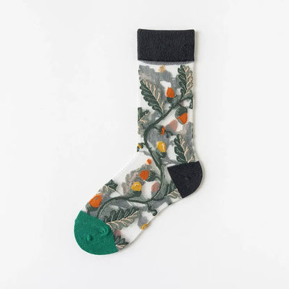 Plusock Vintage Flowers Bird Sheer Quarter Socks(4 Pairs) - Dark Green - EU35-41(US2-7.5) - image 12