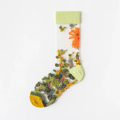 Plusock Vintage Flowers Bird Sheer Quarter Socks(4 Pairs) - Light Green - EU35-41(US2-7.5) - image 7