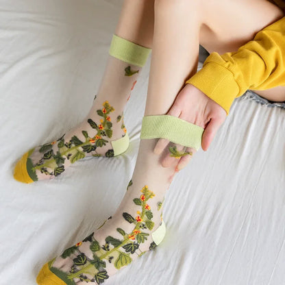 Plusock Vintage Flowers Bird Sheer Quarter Socks(4 Pairs) - image 5