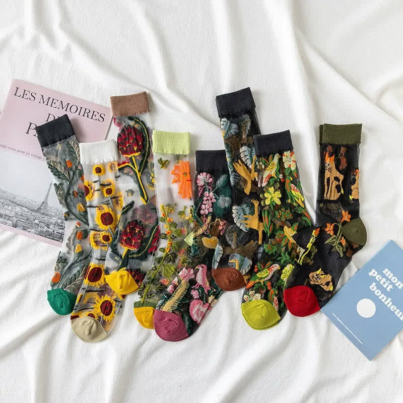 Plusock Vintage Flowers Bird Sheer Quarter Socks(4 Pairs) - image 6