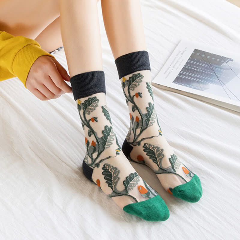 Plusock Vintage Flowers Bird Sheer Quarter Socks(4 Pairs) - image 1