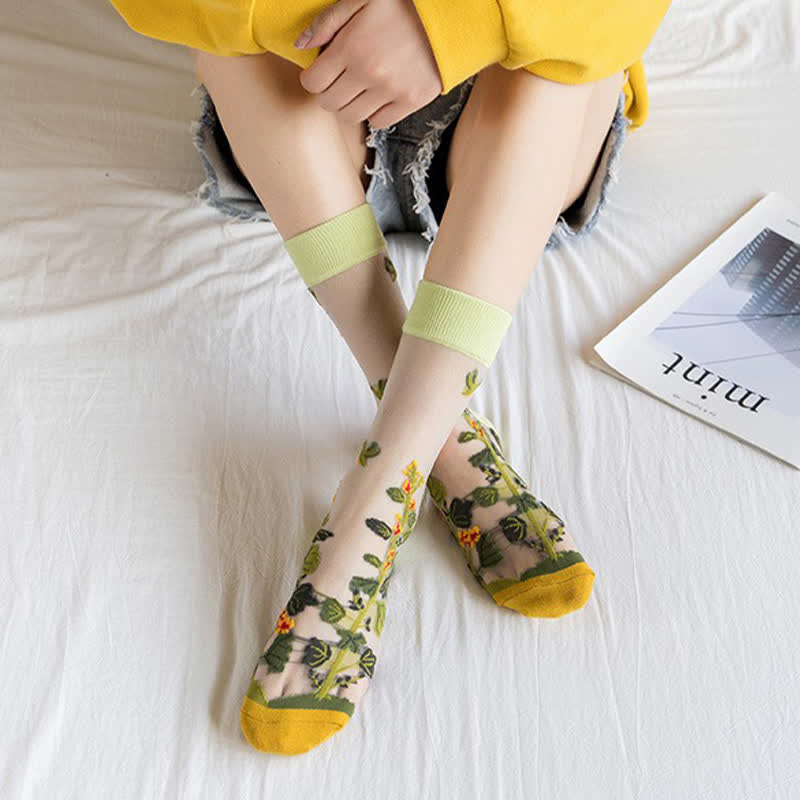 Plusock Vintage Flowers Bird Sheer Quarter Socks(4 Pairs) - image 3