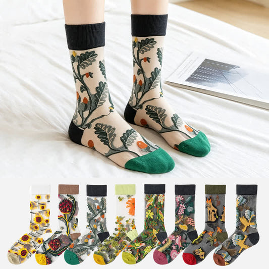 Plusock Vintage Flowers Bird Sheer Quarter Socks(4 Pairs) - image 0