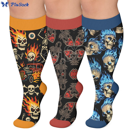 Plusock Plus Size Gothic Skull Flame Compression Socks - image 0