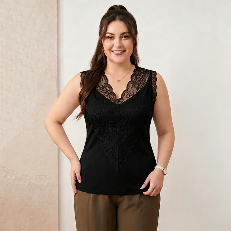 Plusock Plus Size Lace V Neck Tank Top - Black - 4XL - image 1