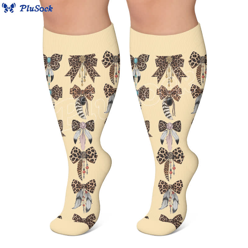 Plusock Plus Size Retro Leopard Bow Compression Socks - image 2