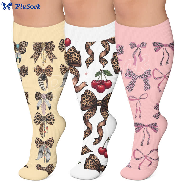 Plusock Plus Size Retro Leopard Bow Compression Socks - image 0