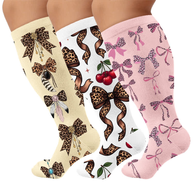 Plusock Plus Size Retro Leopard Bow Compression Socks - Multicolor(3 Pairs) - 4XL - image 1