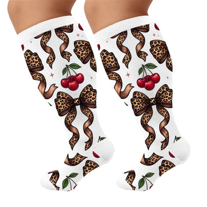 Plusock Plus Size Retro Leopard Bow Compression Socks - White(1 Pair) - 4XL - image 6
