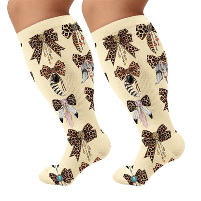 Plusock Plus Size Retro Leopard Bow Compression Socks - Apricot(1 Pair) - 4XL - image 5