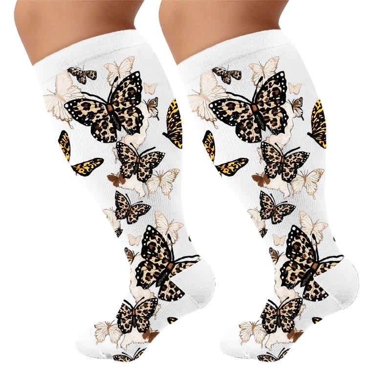 Plusock Plus Size Butterfly Leopard Compression Socks - White(1 Pair) - 4XL - image 5