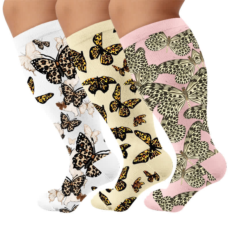 Plusock Plus Size Butterfly Leopard Compression Socks - Multicolor(3 Pairs) - 4XL - image 1