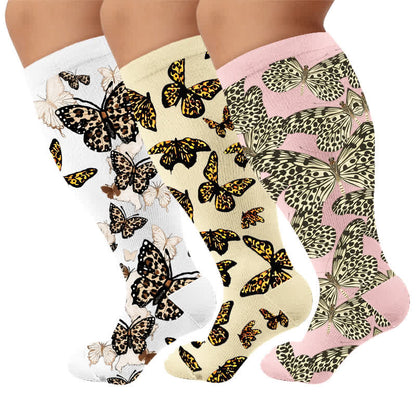 Plusock Plus Size Butterfly Leopard Compression Socks - Multicolor(3 Pairs) - 4XL - image 1