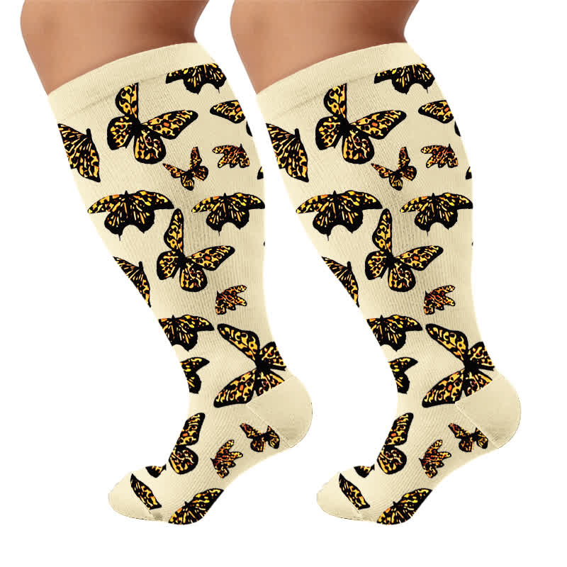 Plusock Plus Size Butterfly Leopard Compression Socks - Apricot(1 Pair) - 4XL - image 6