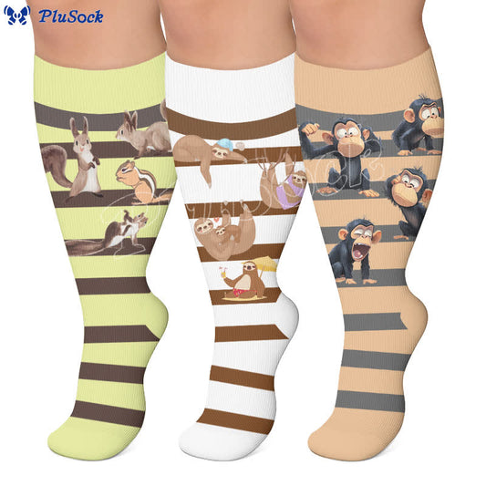 Plusock Plus Size Sloth Squirrel Stripes Compression Socks - image 0